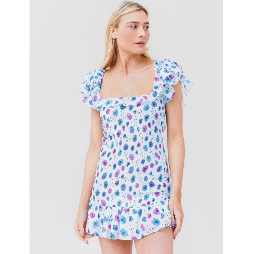 Love ShackFancy Kodie Smocked Off the Shoulder Floral Mini Dress